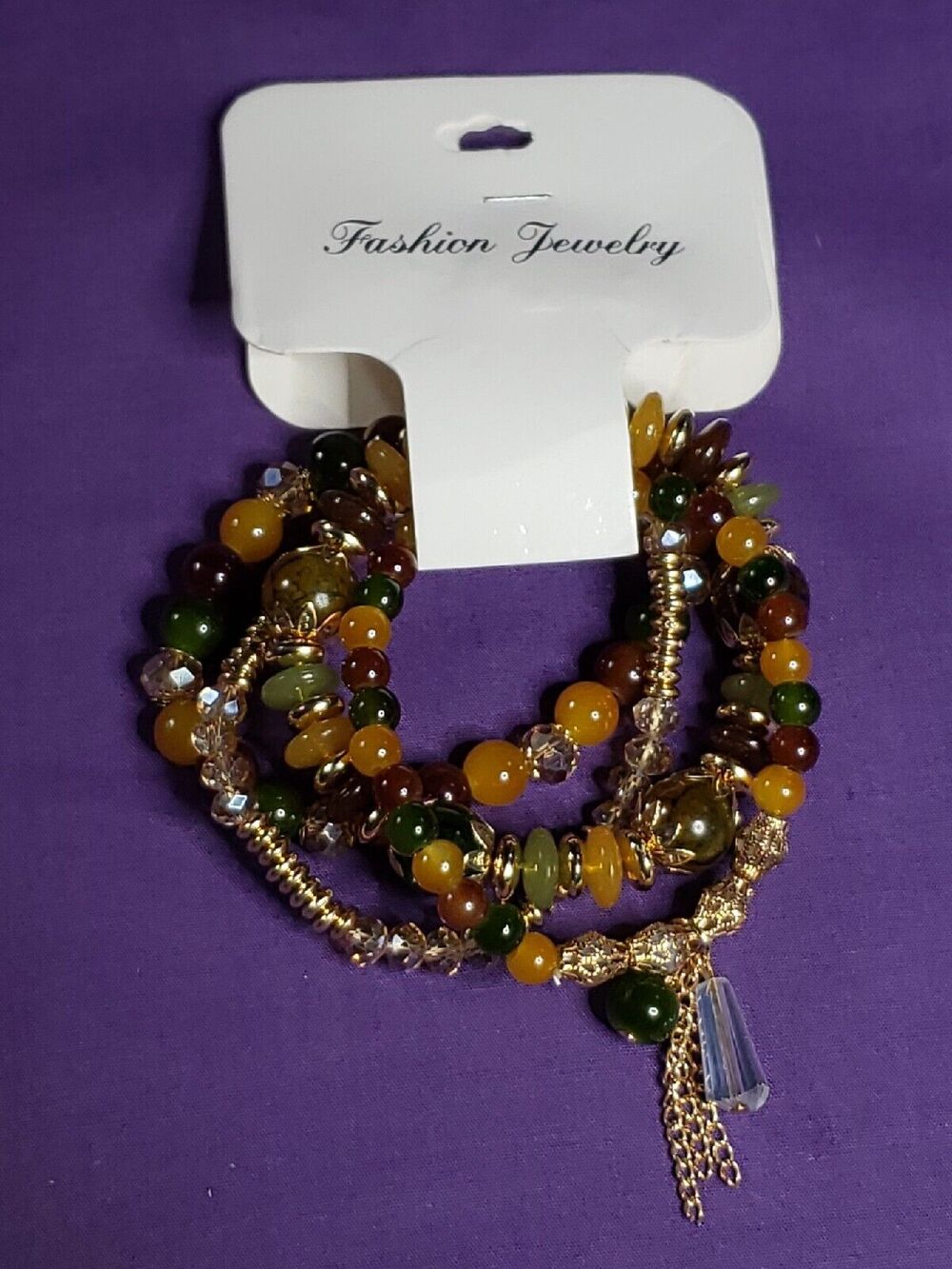 Set Of 4 Glass Bead Stackable Bracelets Multicolored Beads & Gold Tone Metal NEW